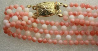 Vintage Angel Skin Natural Coral Beads Wide Bracelet Signed Silver 7 1/4 "