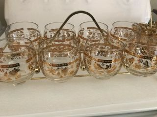 Culver Ltd 22kt Gold “chantilly” Set Of 8 Round Glasses With Carrier.  Vintage.