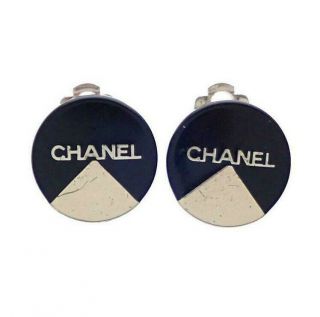 Authentic Vintage Chanel Earrings Black Round Silver Logo Quadrant Ea2066