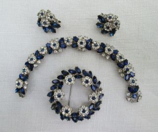 Vintage Trifari Signed Blue Rhinestone Bracelet Brooch & Earrings