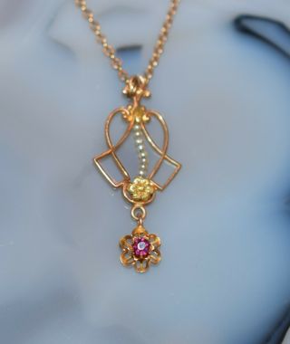 Vintage Yellow Gold Pendant With Pearls & Violet Garnet Necklace Rose Accent 18 "