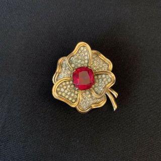 Vintage Jomaz Joseph Mazer Pink Glass Rhinestone Flower Brooch Pin 2