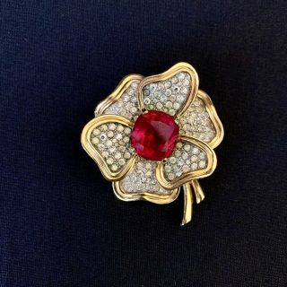Vintage Jomaz Joseph Mazer Pink Glass Rhinestone Flower Brooch Pin 3