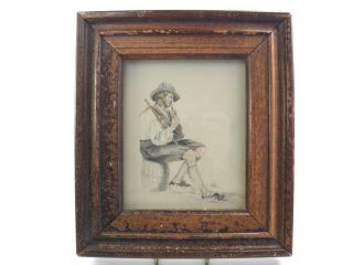 Antique 19th Century Watercolour Painting Portrait Of A Gentleman & Bagpipes