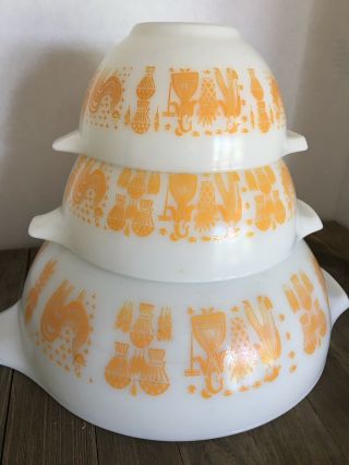 3 Vintage Rare Pyrex Orange Amish Butterprint Cinderella Nesting Set 444 442 441