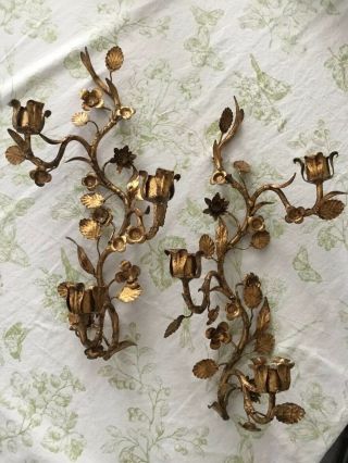 Vintage Italian Gold Gilt Tole Leaves Flower Candle Wall Sconces 18”