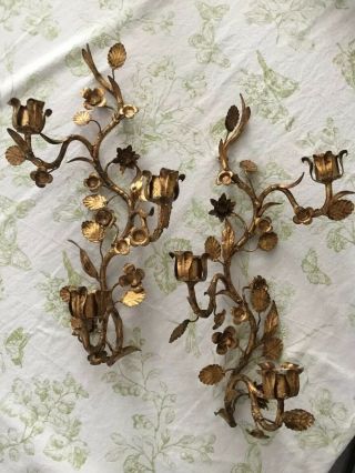 Vintage Italian Gold Gilt Tole Leaves Flower Candle Wall Sconces 18” 2