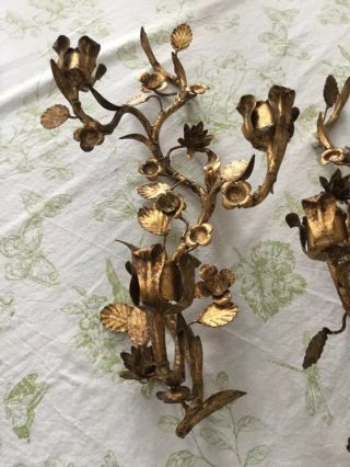 Vintage Italian Gold Gilt Tole Leaves Flower Candle Wall Sconces 18” 3