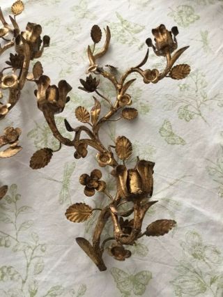 Vintage Italian Gold Gilt Tole Leaves Flower Candle Wall Sconces 18” 4