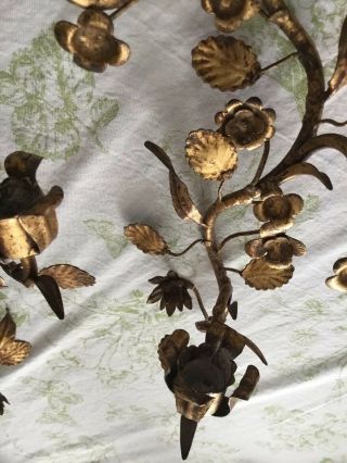 Vintage Italian Gold Gilt Tole Leaves Flower Candle Wall Sconces 18” 6