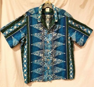 Vintage Barkcloth Hawaiian Shirt Blue White Green Black Short Sleeve Size Xl