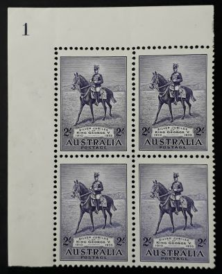Rare 1935 Australia Plate Blk (1) 4x2/ - Violet Silver Jubilee Stamps Muh