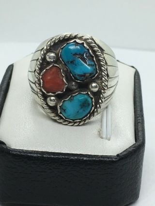 Vintage Navajo Sterling Silver Turquoise & Coral Large Heavy Ring Size 10.  75