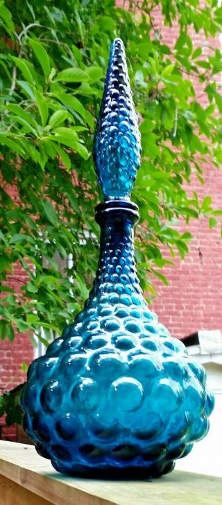 16 " Vintage Squat Bubble Peacock Blue Mid Century Italian Genie Bottle Italy