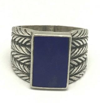 Vintage Sterling Silver 925 Rectangle Blue Enamel Stripe Etched Cocktail Ring
