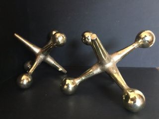 2 Vtg Large Jacks Jax Mid Century Modern Atomic Brass Color Bookends Paperweight