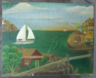 Vintage Oil Painting American American Folk Art Coastal Nautical Landscape House