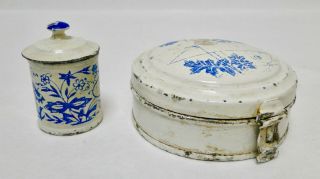 Antique Doll / Toy Tin Bread Box With Tin Can Blue White Doll House Kitchen