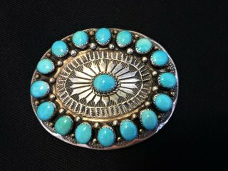 Vintage Sterling Native American Navajo Zuni Turquoise Concha Oval Belt Buckle