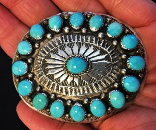 Vintage Sterling Native American Navajo Zuni Turquoise Concha Oval Belt Buckle 2