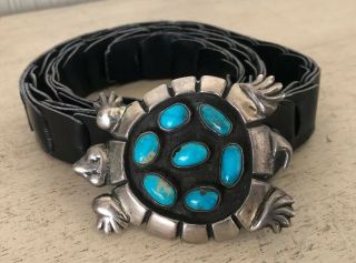 Vintage Native American Sterling Silver And Turquoise Turtle Belt Buckle 67.  4g