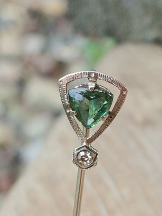 Vintage Victorian Diamond/green Stone 14k White Gold Stick Pin