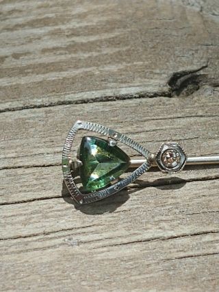 Vintage Victorian Diamond/Green Stone 14k White Gold Stick Pin 2