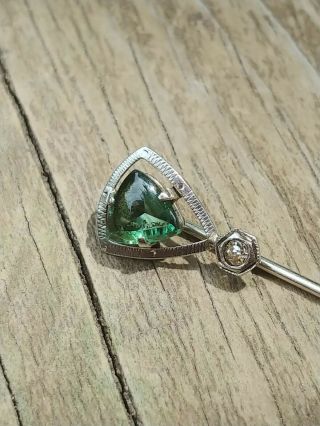 Vintage Victorian Diamond/Green Stone 14k White Gold Stick Pin 7
