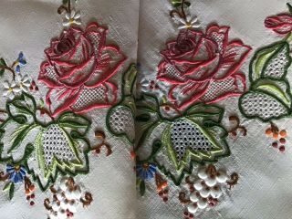 Exquisite Large Vintage Linen Hand Embroidered Tablecloth Madeira Work Roses