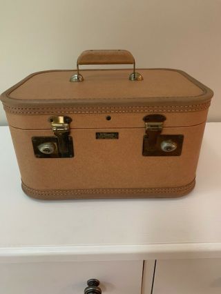 Vtg Jc Higgins Carry On Train Case Luggage Suitcase Makeup Tan With Mirror Keys
