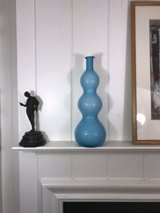 Vintage Empoli Italian Art Glass 20 Inch Blue Cased Barrel Genie Bottle