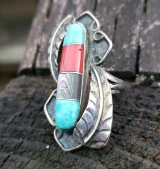 Vintage Native American Navajo Turquoise Coral Sterling Silver Ring Sz 6 25 10 G