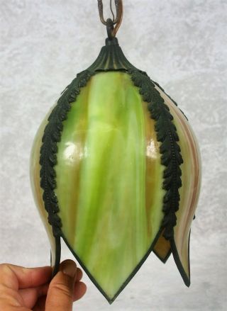 Vintage Tulip Shaped Green Slag Glass Hanging Swag Lamp 5 Panel Light Shade