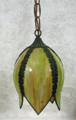 Vintage Tulip Shaped Green Slag Glass Hanging Swag Lamp 5 Panel Light Shade 2