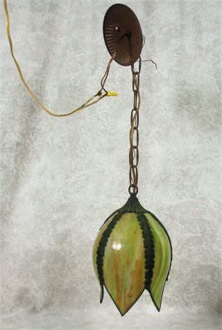 Vintage Tulip Shaped Green Slag Glass Hanging Swag Lamp 5 Panel Light Shade 3