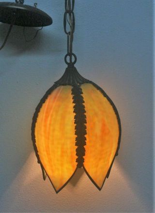 Vintage Tulip Shaped Green Slag Glass Hanging Swag Lamp 5 Panel Light Shade 4