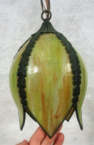 Vintage Tulip Shaped Green Slag Glass Hanging Swag Lamp 5 Panel Light Shade 8