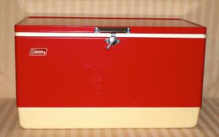 Vintage Coleman Steel Belted Red Cooler 28 X 16 X 16 Complete With All Inserts