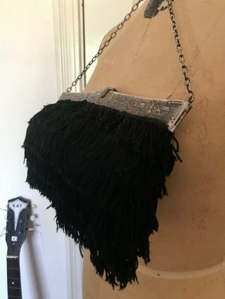 30s Dramatic Black Silk Flapper - Style Fringe Cast Silver Handle Evening Handbag 3
