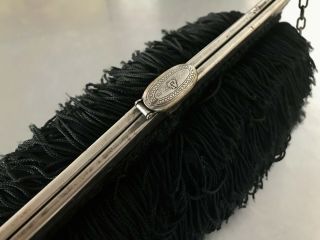 30s Dramatic Black Silk Flapper - Style Fringe Cast Silver Handle Evening Handbag 7