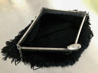 30s Dramatic Black Silk Flapper - Style Fringe Cast Silver Handle Evening Handbag 8