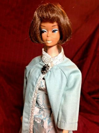 Vintage Brunette American Girl Barbie Vintage Ice Blue Silk Dress Straight Legs