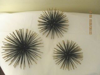 Vtg Midcentury Modern Set Of 3 Metal Sculpture Art Urchin Sunburst Wall Hangings