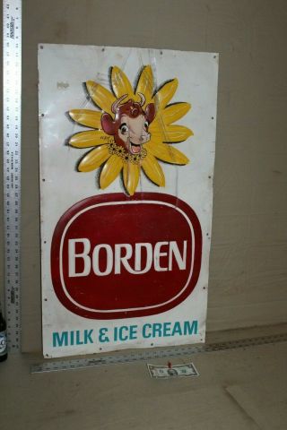 Rare 1950s Bordens Elsie Cow Milk And Ice Cream Embossed Metal Sign Dairy Cow Ih