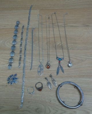 Vintage 925 Silver Jewellery Joblot Bundle Amber Necklaces Bracelets 123g