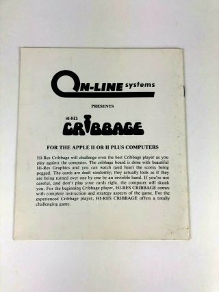 RARE 80s Apple II /,  HI - RES CRIBBAGE by Online Systems - Instruction Booklet 3