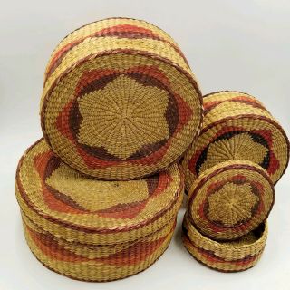 Sweet Grass Nesting Baskets Vintage Hand Woven Sweetgrass Straw Storage Bin Red