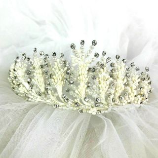 Vintage Bridal Veil Wedding Tulle Tiered Headpiece Pearl Crystal Tiara Crown