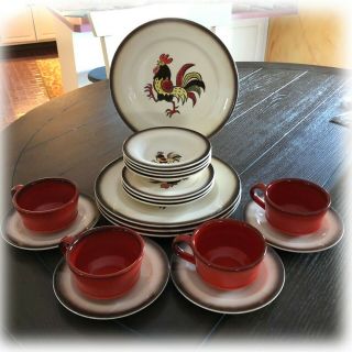 Vtg 1950s Metlox Poppytrail Red Rooster 17 Pc Partial Service / 4 California Usa