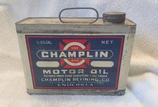 " Rare " Champlin Motor Oil Can 1/2 Gallon Enid Ok Quart 1920s Oklahoma